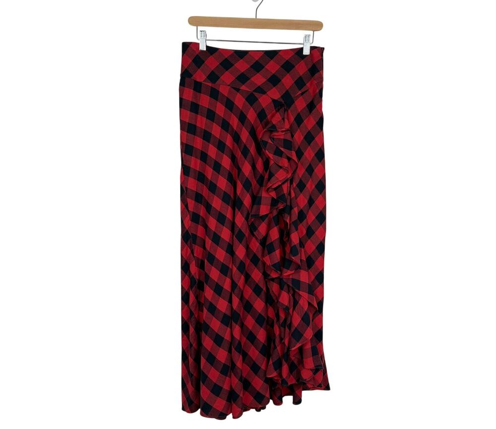 Lauren Ralph Lauren Buffalo Plaid Ruffle Maxi Skirt Cotton Western Romantic Sz 2